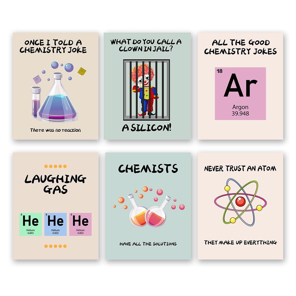 AIOCDIT Funny Science Posters Chemistry Puns Wall Art Prints,Classroom Educational Wall Decor Set of 6 (8"x10",Unframed).