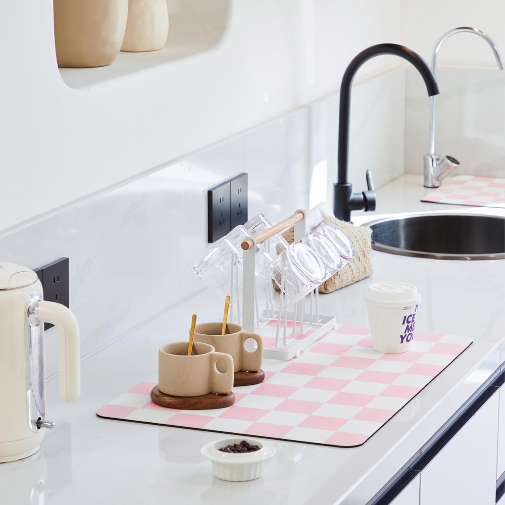 Ohocut Checkered Dish Drying Mat for Kitchen Counter, Coffee Bar Station Accessories, Retro Cute Aesthetic Girly Women Modern Absorbent Drainer Mat Kitchen Drying Mat Easy Clean, Pink 16" x 24"