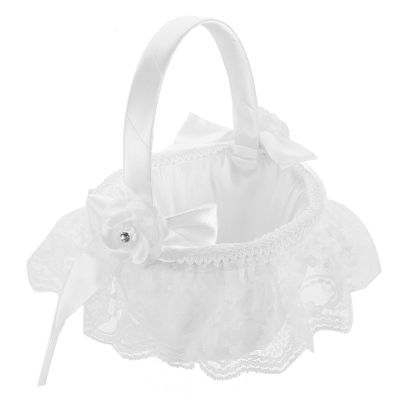 Ciieeo Wedding Flower Girl Basket Lace Bowknot Elegant Rustic Handheld Flower Basket for Bride Floral Storage for Ceremony and Special Events