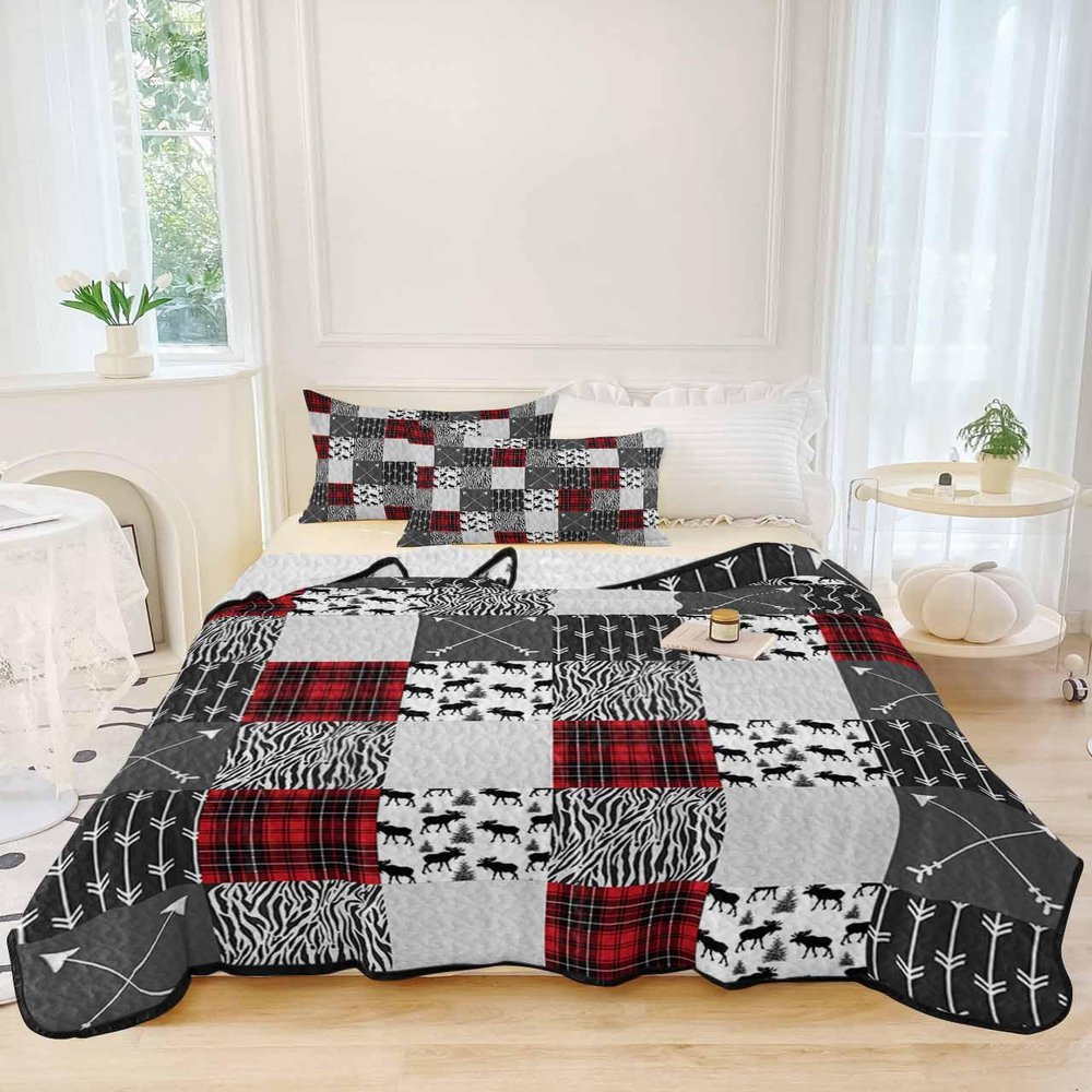 Quilt Set King Size 3 Pieces Quilted Bedspread-Thin Soft, Red Black Buffalo Plaid Zebra Pattern Arrow Forest Elk Stitched Lightweight Quilt with 2 Pillow Shams Coverlet Bedding Sets for All Season