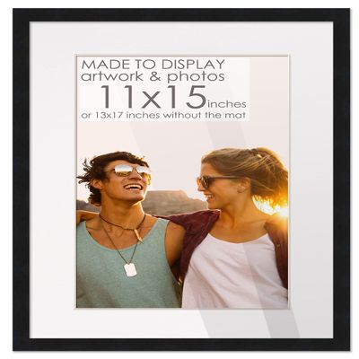 11x15 Black Wood Picture Frame with White Mat | 13x17 Frame Matted to 11x15 | Display Your Picture Under UV Acrylic Shatter Guard Front, with Foam Board Backing and Wall Hanging Hardware - Wood Frame