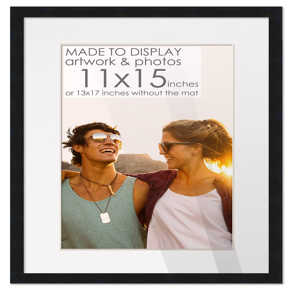 11x15 Black Wood Picture Frame with White Mat | 13x17 Frame Matted to 11x15 | Display Your Picture Under UV Acrylic Shatter Guard Front, with Foam Board Backing and Wall Hanging Hardware - Wood Frame
