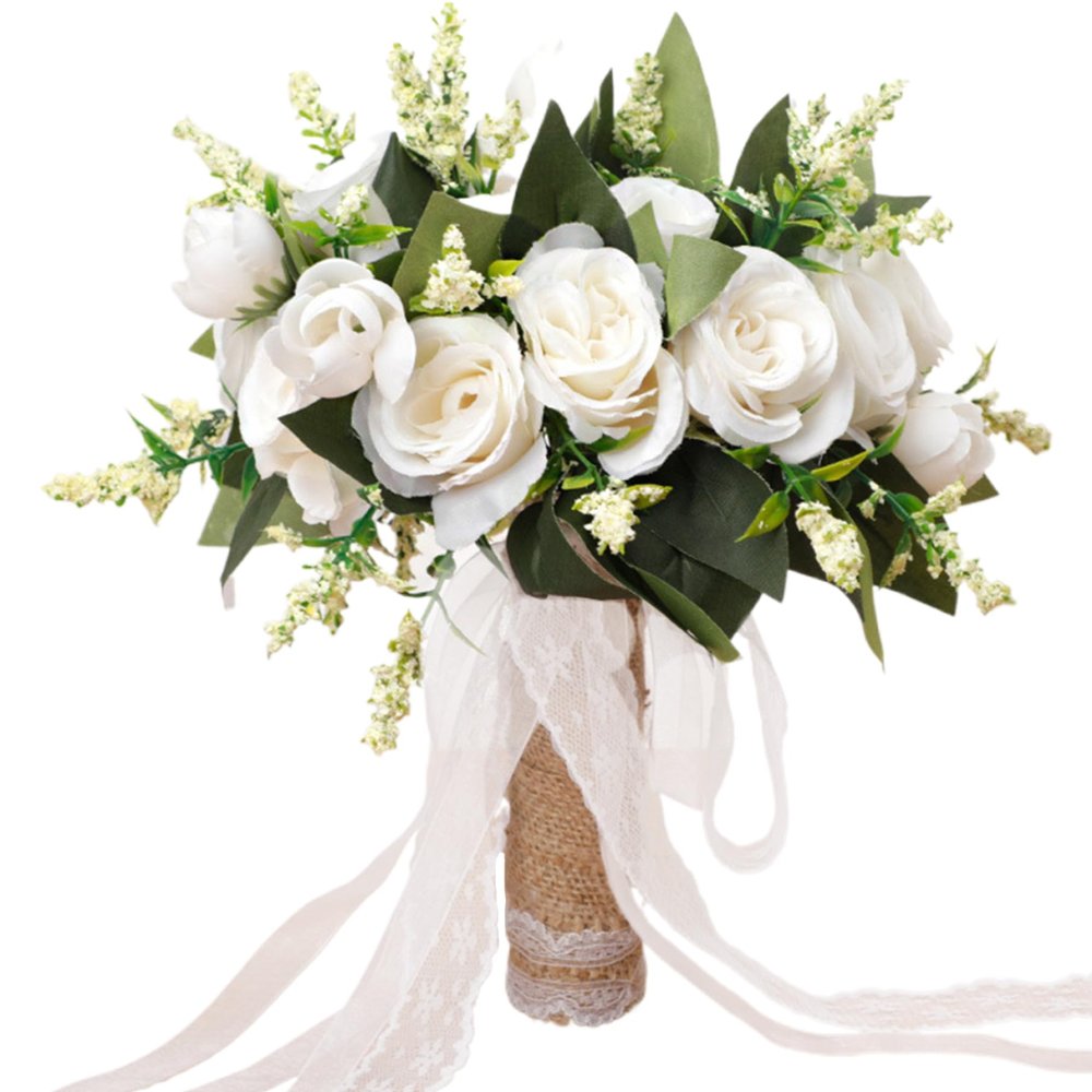 Wedding Bouquet Bridal Bouquet Elegant Bride Bouquets Flowers with Ribbon Artificial Rose Flower Bouquet for Bride Bridesmaid Holding Church Party 10inch