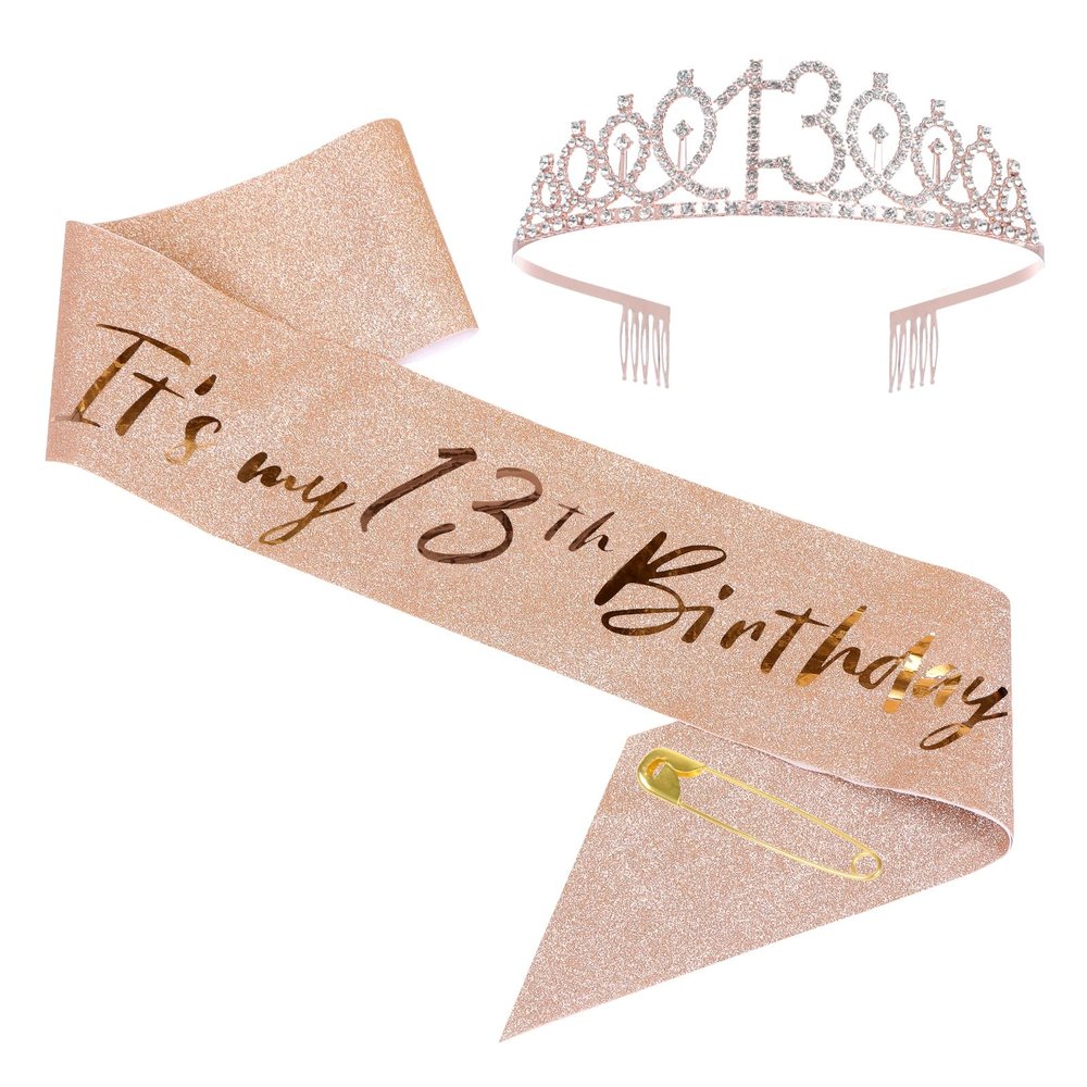 13th girls Birthday Sash and Tiara Set Rose Gold Birthday Sash Crown Birthday Party Favors Supplies for girls Birthday Party