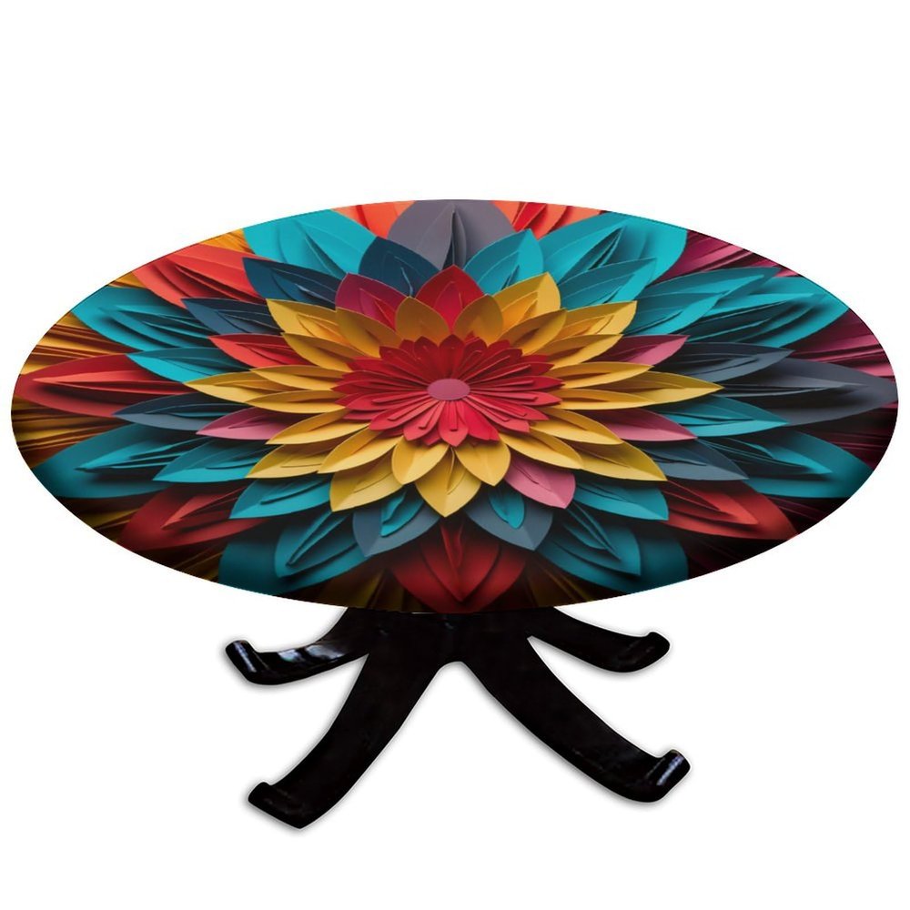 Barsada Paper Flower Multi Print Tablecloth Round Elastic, Waterproof Oil-Proof Table Cover, for Outdoor and Indoor Use Fit for 52" Table