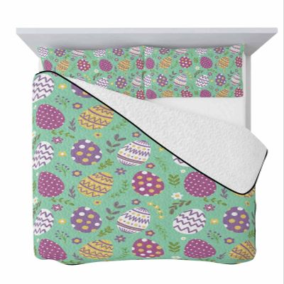 Quilt Set Full Size 3 Pieces Quilted Bedspread-Thin Soft Cozy, Easter Spring Colorful Eggs Floral Green Background Stitched Lightweight Quilt with 2 Pillow Shams Coverlet Bedding Sets for All Season