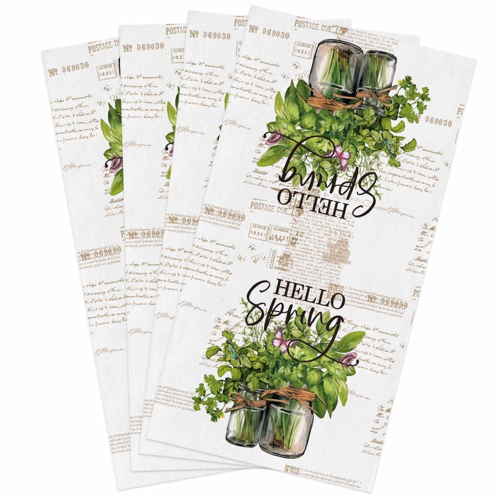 Kewadony Hello Spring Kitchen Towels 4 Pack Dish Towels for Kitchen, Pastoral Green Botanical Farmhouse Absorbent Microfiber Hand Towels for Bathroom, Soft Tea Towels Bar Towels, 18 x 28 Inch