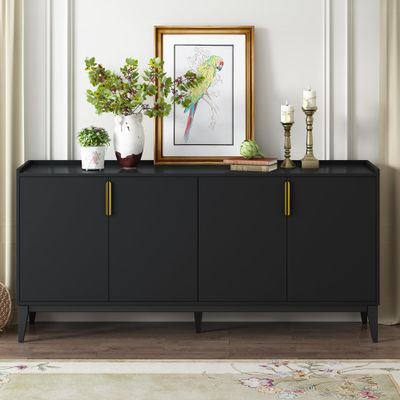 Brabrety 4-Door Large Storage Modern Sideboard with Gold Aluminum Handle for Hallway, Entryway, Living Room, Bedroom, Adjustable Shelf (Black~031)