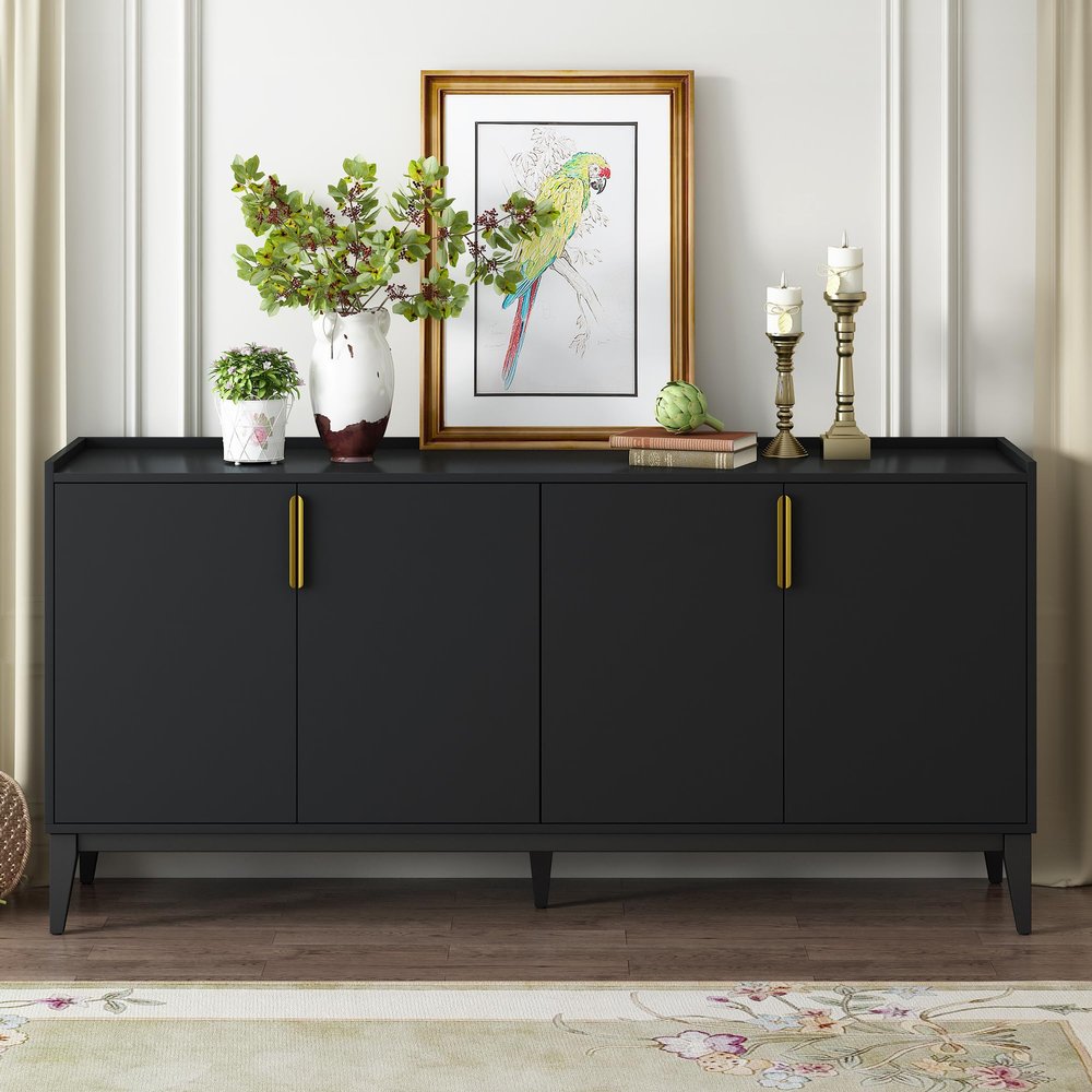 Brabrety 4-Door Large Storage Modern Sideboard with Gold Aluminum Handle for Hallway, Entryway, Living Room, Bedroom, Adjustable Shelf (Black~031)