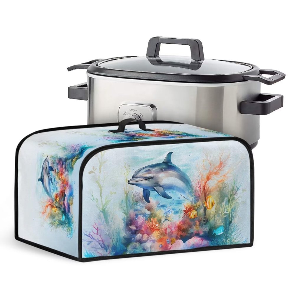 Kathyboom Dolphin Slow Cooker Cover Anti Dust Covers with Side Pocket Protective Covers for Small Kitchen Appliance Crock Pots, 8 quarts
