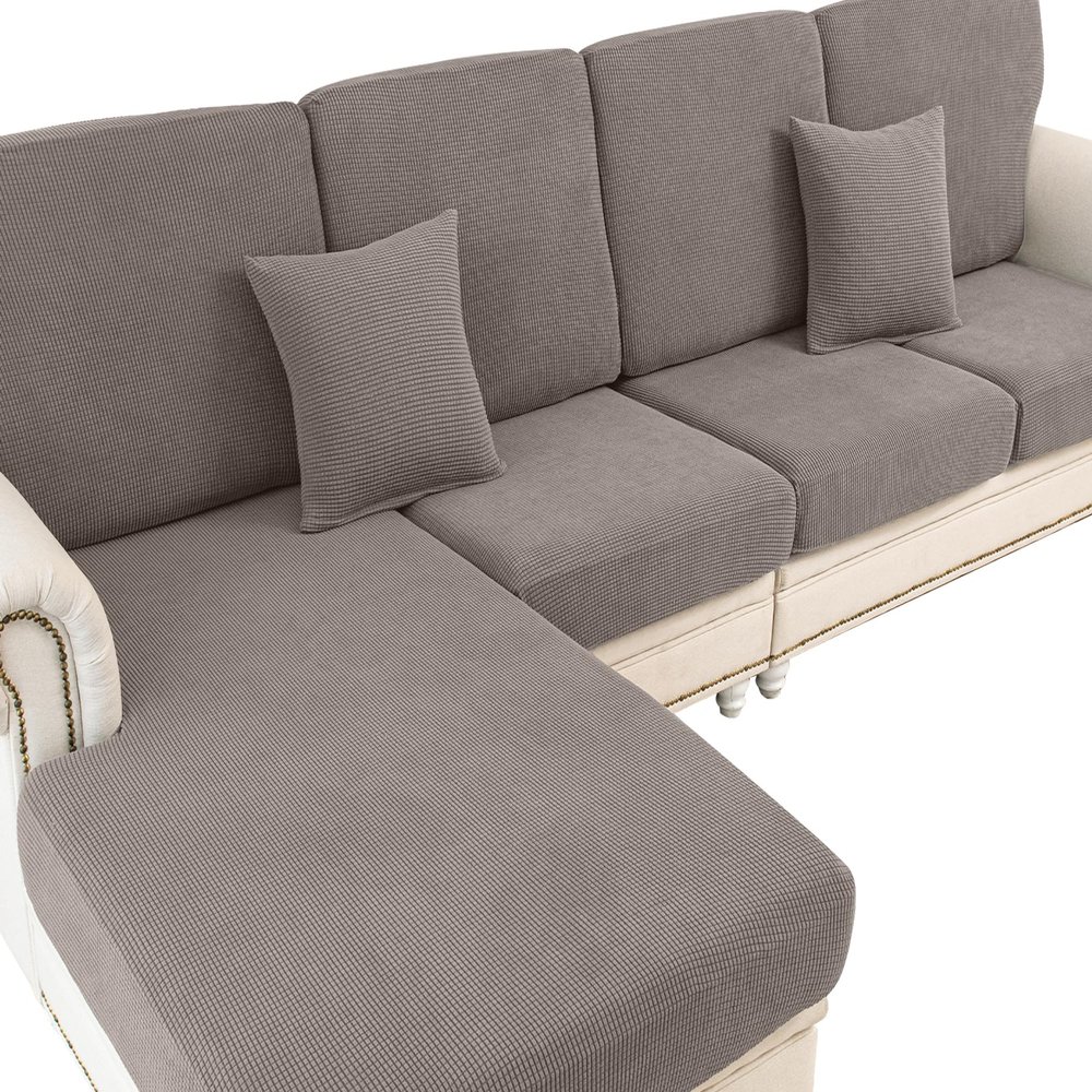 LA MEACK Couch Cushion Covers for Sectional Sofa L Shape Washable Separate Seat Chaise Couch Cover Stretch Sofa Slipcovers with 2 Pcs Pillowcases(3 Seater + 1 Chaise, Taupe)