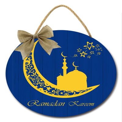 Bidesign Ramadan Kareem Decoration Hanging Ornament Wreath Wooden Welcome Sign For Front Door Porch Blue Gold Moon Sign Islam Ramadan Mubarak Home Wall Decor Eid Mubarak Party Supplies