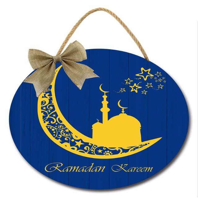 Bidesign Ramadan Kareem Decoration Hanging Ornament Wreath Wooden Welcome Sign For Front Door Porch Blue Gold Moon Sign Islam Ramadan Mubarak Home Wall Decor Eid Mubarak Party Supplies