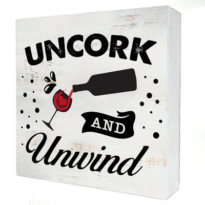 Uncork and Unwind Wood Box Sign Home Decor Rustic Wine Lover Wooden Box Sign Block Plaque for Wall Tabletop Desk Home Kitchen Bar Decoration 5 x 5 inch