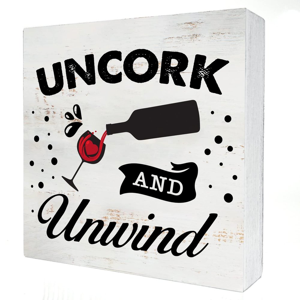 Uncork and Unwind Wood Box Sign Home Decor Rustic Wine Lover Wooden Box Sign Block Plaque for Wall Tabletop Desk Home Kitchen Bar Decoration 5 x 5 inch