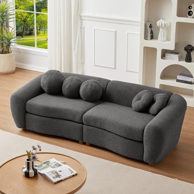 LyuHome 87.7" Modern Curved Sofa, Back Upholstered Couch with 5 Decorative Throw Pillows, Teddy Fabric Couch for Living Room, Office, Apartment Gray