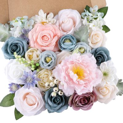 AGIRL Artificial Flowers Combo Silk Pink Roses Fake Flower with Stems for DIY Wedding Bouquets Centerpieces Arrangements Table Chair Decor Baby Shower Home Decor (Blue Pink)