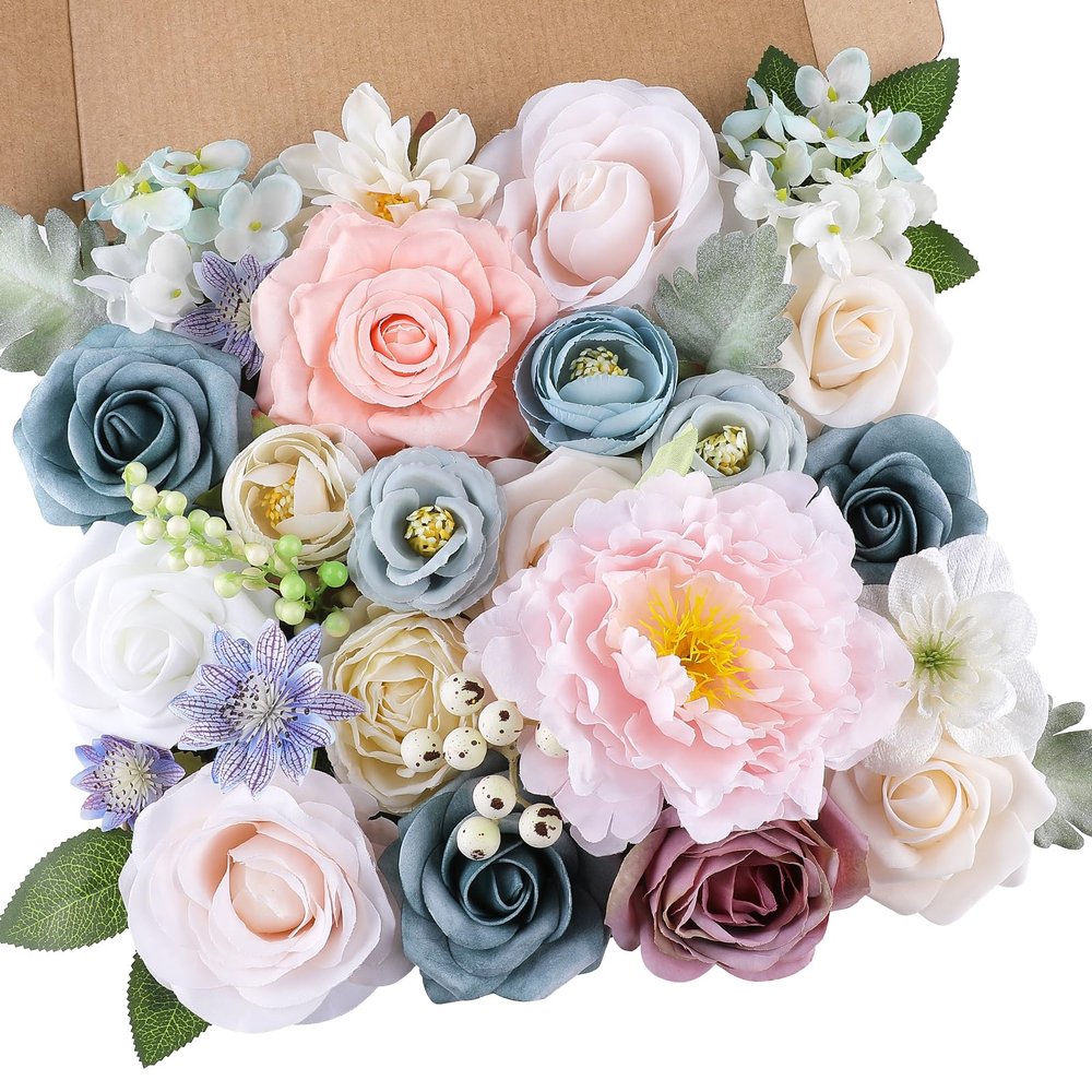 AGIRL Artificial Flowers Combo Silk Pink Roses Fake Flower with Stems for DIY Wedding Bouquets Centerpieces Arrangements Table Chair Decor Baby Shower Home Decor (Blue Pink)
