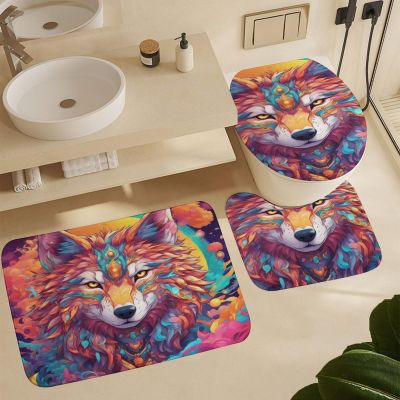 ZGDPBYF Bathroom Rugs Set Ultra Soft 3 Pieces Bath Rugs Non Slip, Wolf Wild Animal Bathroom Mat, Bathroom Set with Toilet Rugs, Psychedelic Space Wolf Bathroom Mats for Bathroom Tub, Shower