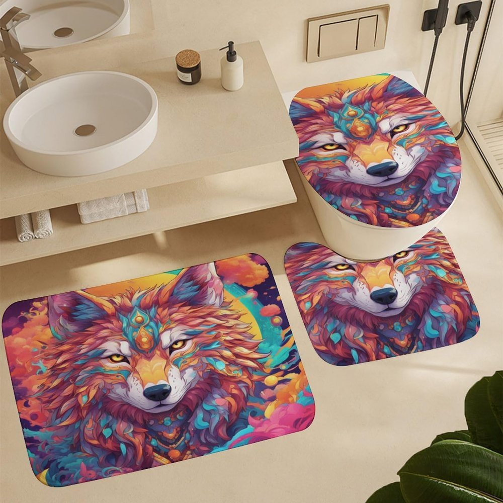 ZGDPBYF Bathroom Rugs Set Ultra Soft 3 Pieces Bath Rugs Non Slip, Wolf Wild Animal Bathroom Mat, Bathroom Set with Toilet Rugs, Psychedelic Space Wolf Bathroom Mats for Bathroom Tub, Shower