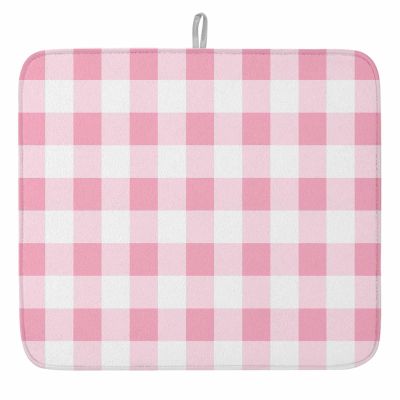 Huotupsine Pink Checkered Dish Drying Mat for Kitchen Counter, Pink White Buffalo Plaid Microfiber Baby Bottle Drying Pad, Absorbent Coffee Cup Dishes Drainer Mats 18"x24", 1 Pcs