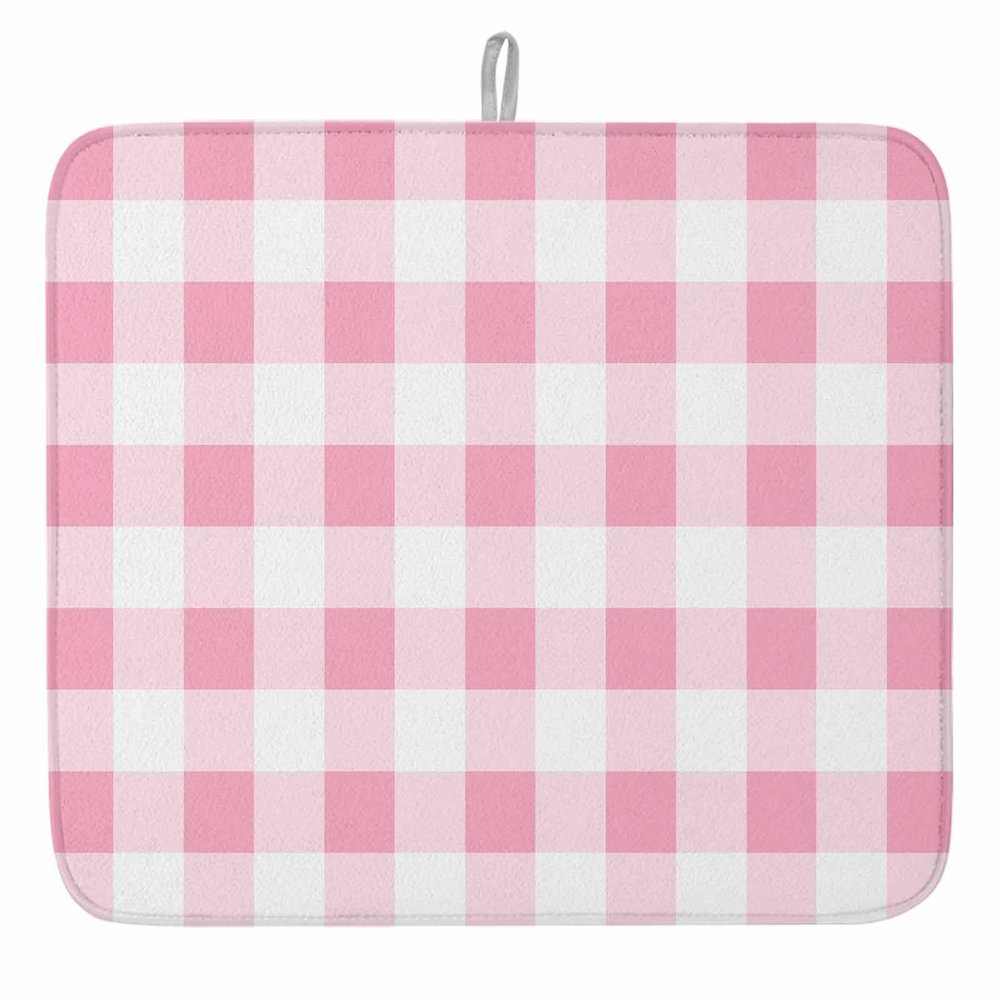 Huotupsine Pink Checkered Dish Drying Mat for Kitchen Counter, Pink White Buffalo Plaid Microfiber Baby Bottle Drying Pad, Absorbent Coffee Cup Dishes Drainer Mats 18"x24", 1 Pcs