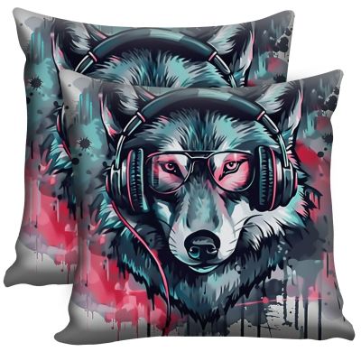 JANENFNA Pack of 2 Throw Pillow Covers 18x18 Inch, Wolf with Headphones Pillow Cushion Cases, Modern Decorative Soft Plush Square Pillowcases for Sofa Bedroom Living Room Car