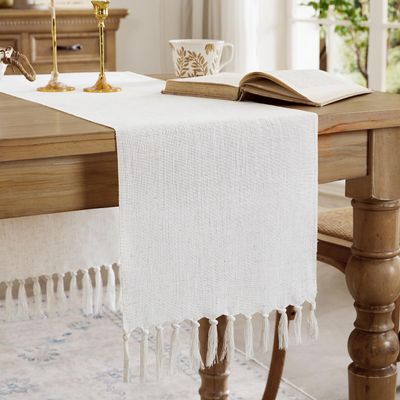 Aoztio Linen Style Rustic Table Runner, Farmhouse Cotton Linen Table Runner, Boho Table Runners 48 Inches Long with Hand Tassels for Home Tabletop Decor and Everyday Use - Off White, 48 Inch