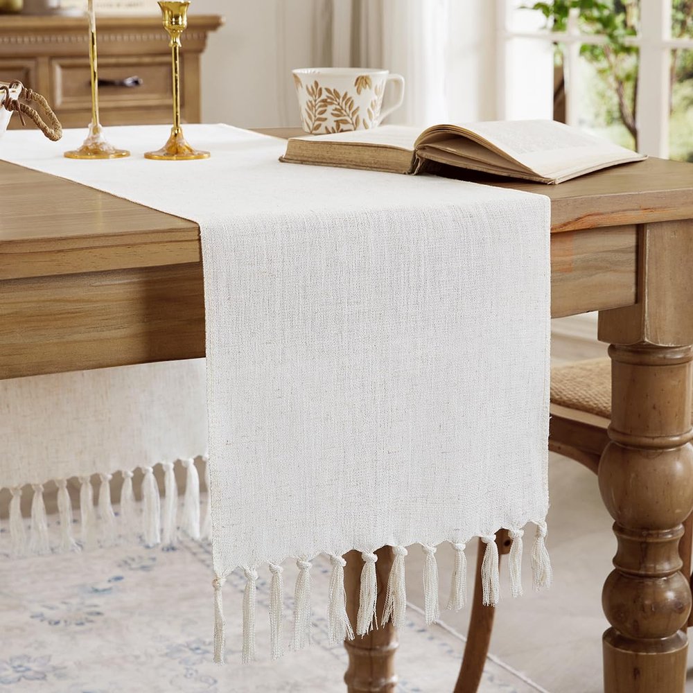 Aoztio Linen Style Rustic Table Runner, Farmhouse Cotton Linen Table Runner, Boho Table Runners 48 Inches Long with Hand Tassels for Home Tabletop Decor and Everyday Use - Off White, 48 Inch