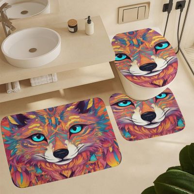 ZGDPBYF Bathroom Rug Set of 3 Wolf Wild Animal 3 Pieces Bath Mats Set for Bathroom, Psychedelic Wolf Colorful Washable Cover Floor Rug Decorations for Kitchen Bathroom Bedroom