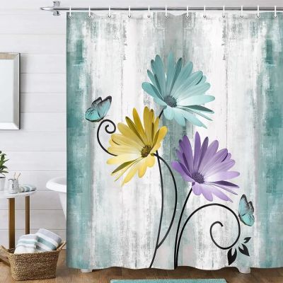 Zhadongli Art Large Daisy Floral and Butterfly Shower Curtain Turquoise Bathroom Curtain Waterproof Bathroom Decoration with Hooks 80x150cm(31x59in)