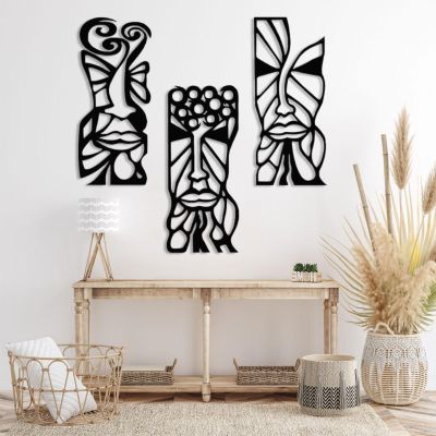 African Masks Wall Decor, African Mask Metal Wall Art, Abstract Metal Wall Art, Surrealism Wall Art, Metal Wall Art, African Wall Art, Metal Wall Decor for Living Room (41"x18" | 105x45.5 cm x3pcs, Black)