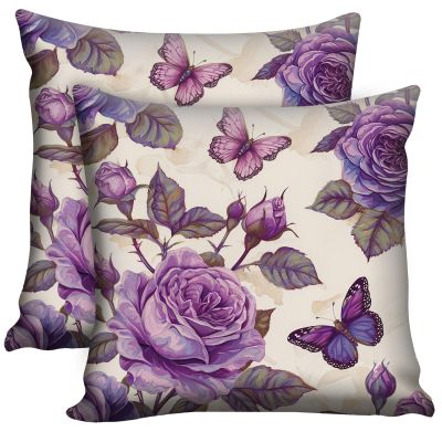 JANENFNA Pack of 2 Throw Pillow Covers 22x22 Inch, Purple Roses Butterflies Pillow Cushion Cases, Modern Decorative Soft Plush Square Pillowcases for Sofa Bedroom Living Room Car