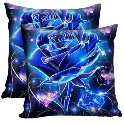 JANENFNA Pack of 2 Throw Pillow Covers 18x18 Inch, Blue Rose Pillow Cushion Cases, Modern Decorative Soft Plush Square Pillowcases for Sofa Bedroom Living Room Car