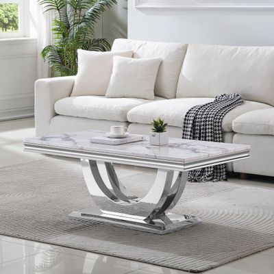 47" Modern Marble Coffee Table Luxury Silver Center Table with Geometric U-Shape Stainless Steel Pedestal Elegant White Marble Coffee Cocktail Table Sofa Table for Living Room