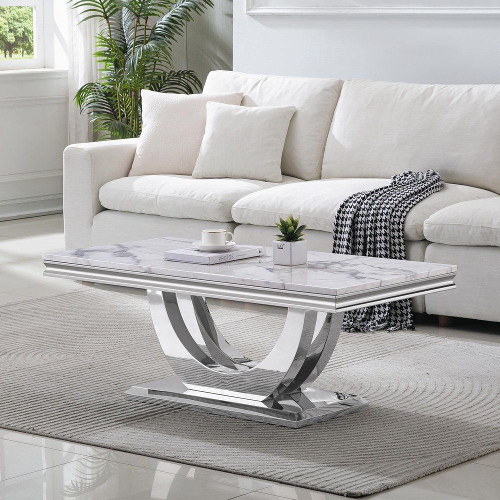 47" Modern Marble Coffee Table Luxury Silver Center Table with Geometric U-Shape Stainless Steel Pedestal Elegant White Marble Coffee Cocktail Table Sofa Table for Living Room