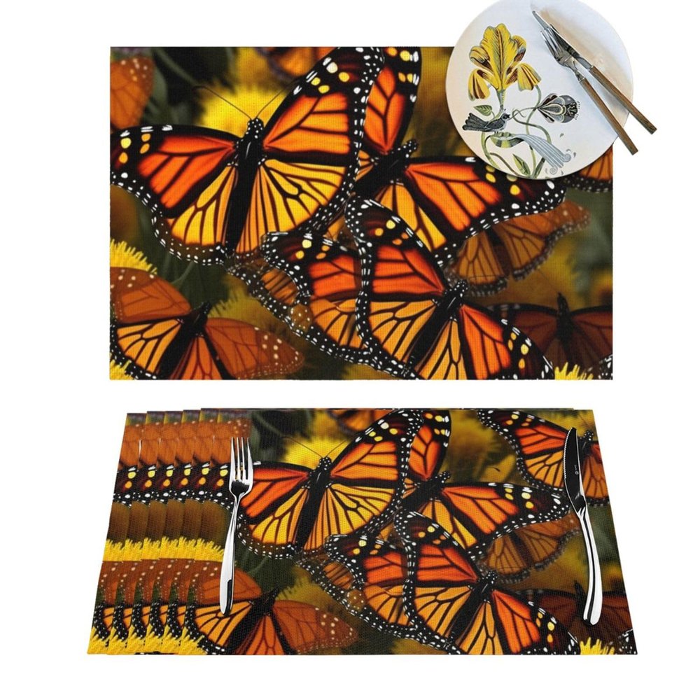 6 PCS Placemats Set Monarch Butterflies Woven Place Mats for Dining Table Heat Resistant Table Mats Non-Slip Place Mats for Kitchen Washable PVC Vinyl Place Mats