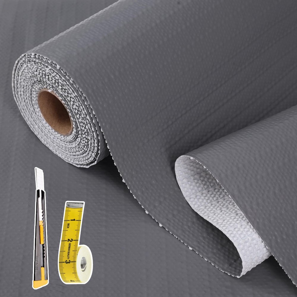 Drawer and Shelf Liner for Kitchen Cabinet: 17 in X 30 Ft Non Slip Waterproof Shelf Paper Non Adhesive Refrigerator Liners Gray Easy Liners for Bathroom Cupboard with Knife Tape Measure