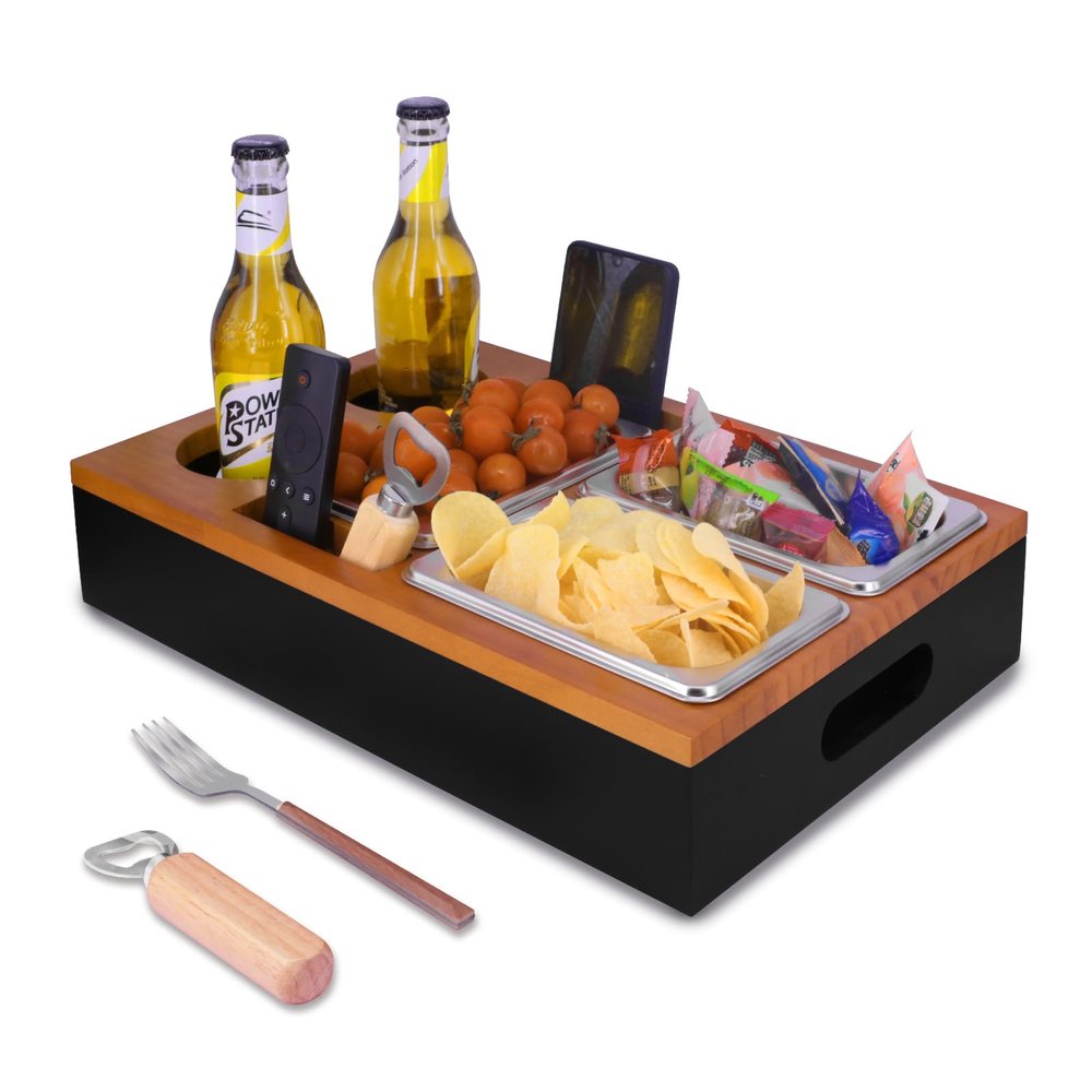 Goulich Wooden Couch Tray, Couch Bar Snack Box Wine Glass Holder,Couch Butler with Stainless SteelBottle Opener and Forks, Great for Lap and Couch,Bed Tray,Couch Caddy,Tv Trays for Eating on Couch