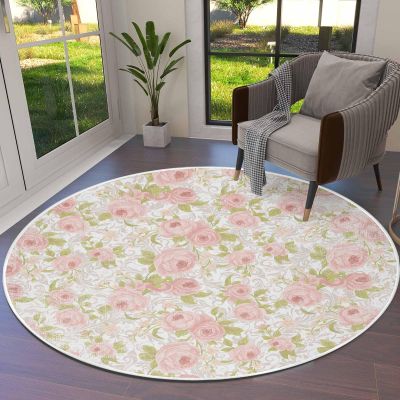 Pink Flower Round Area Rug 4ft,Washable Carpet Runner Rug for Bedroom,Kitchen,Bathroom,Living/Dining/Laundry Room,Office,Area+Rug Large Bath Door Floor Mat Sage Green Pastoral Country European Leaves