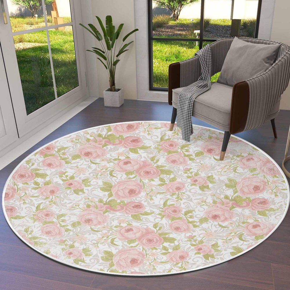 Pink Flower Round Area Rug 4ft,Washable Carpet Runner Rug for Bedroom,Kitchen,Bathroom,Living/Dining/Laundry Room,Office,Area+Rug Large Bath Door Floor Mat Sage Green Pastoral Country European Leaves