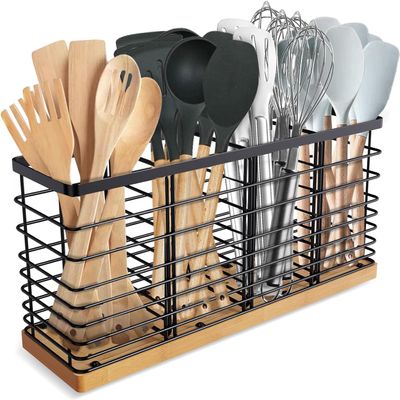Extra Large Kitchen Utensil Rack Kitchen Countertop Utensil Rack Black Metal + Wooden Base Utensil Rack with 4 Compartments for Kitchen Countertop Cooking Utensil Organiser, Rustic Cooking Utensil