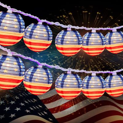 Abeja American Flag Lantern Light, 8.5Ft 4th of July Decoration Lights with 10 Nylon Lantern Lights, Outdoor Flag Themed Fairy Lights for Independence Day, Yard Garden July 4th Decoration