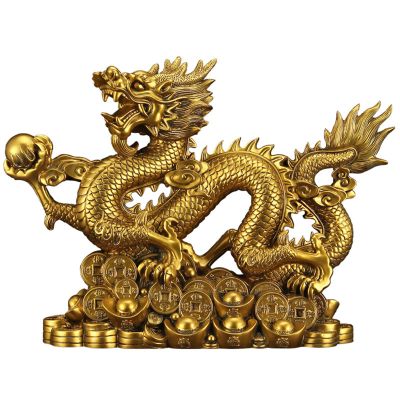 Chinese Zodiac Dragon Statue Hand-Carved Art Dragon Figurine Sculpture 2024 Year of The Dragon Statue Feng Shui Mascot Sculpture for Wealth Good Luck Gift,13x3.9x9.8in