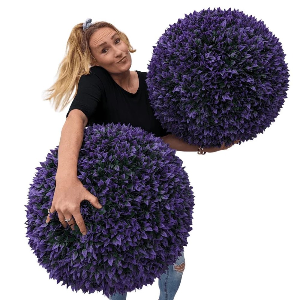 365 Curb Appeal 23" XL Topiary Balls (Jagged Purple Leaf, 2 Faux Topiary Balls (4 Halves))