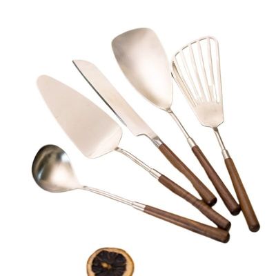 HIDEERPPY Silverware Set, 5/20/30/40 Pieces 304 Stainless Steel Walnut Spatula Cooking Spatula Kitchen Utensils Cooking Spoon Home Kitchen Spoon Set, Flatware Set (Color : Silver, Size : 1Set-5Pcs
