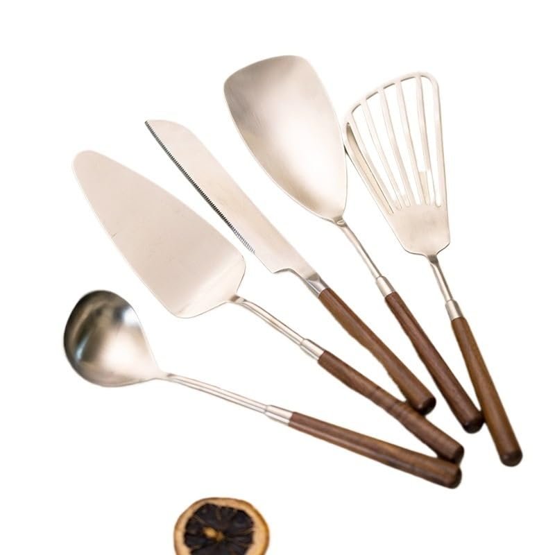 HIDEERPPY Silverware Set, 5/20/30/40 Pieces 304 Stainless Steel Walnut Spatula Cooking Spatula Kitchen Utensils Cooking Spoon Home Kitchen Spoon Set, Flatware Set (Color : Silver, Size : 1Set-5Pcs