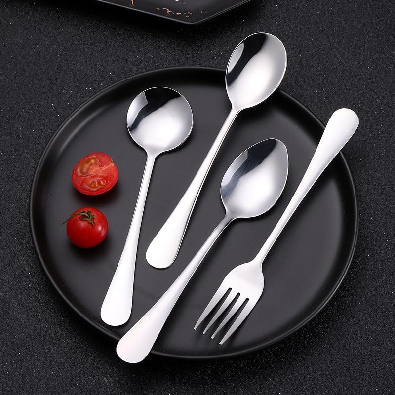 WHIERGGIN Silverware Set, 4/16/24/32/40/48 Pieces Hotel Light-handled Spoons, Small Round Spoons, Student Cafeteria Spoons, Household Stainless Steel Spoons (Color : Silver, Size : 12Set-48Pcs)