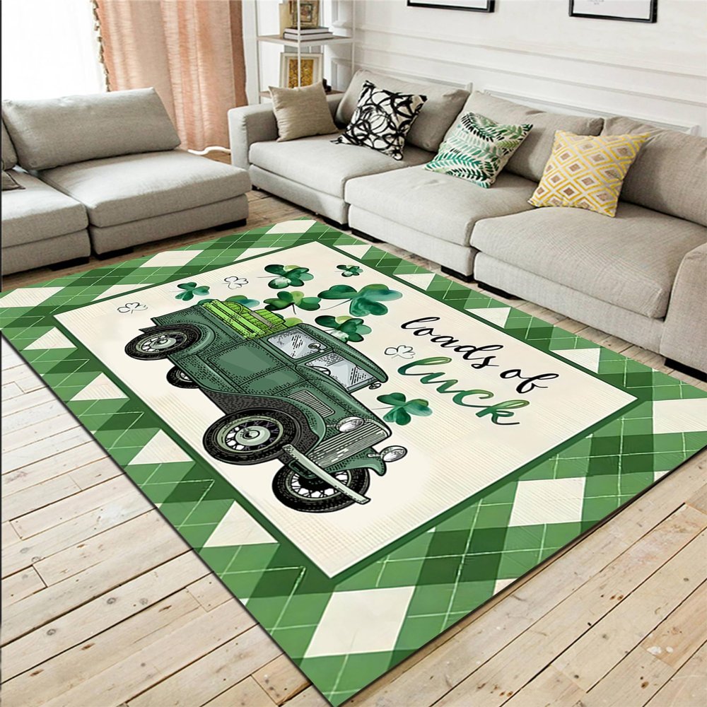 Houient St. Patrick's Day Area Rug, 5x8ft, Cartoon Green Lucky Shamrock Truck Geometric Design Carpets, Green White Checkerboard Foldable and Anti-Fatigue Rugs for Girls Boys Nursery Bedroom Kitchen
