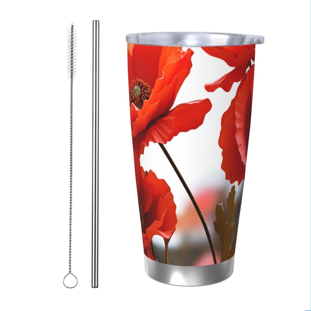 VTCTOASY 20 Oz Stainless Steel Tumbler Vacuum Insulated Tumblers with Lid Poppy Flowers Vivid Petals Coffee Mug for Travel Double Wall Insulated Cup Coffee Mug for Home Work Straw Two-piece Set